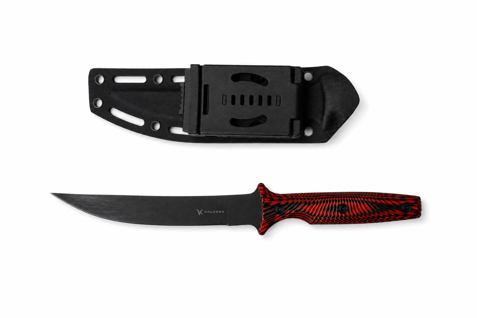 Crimson Ridge fixed blade knife shown with black sheath by VALKRON