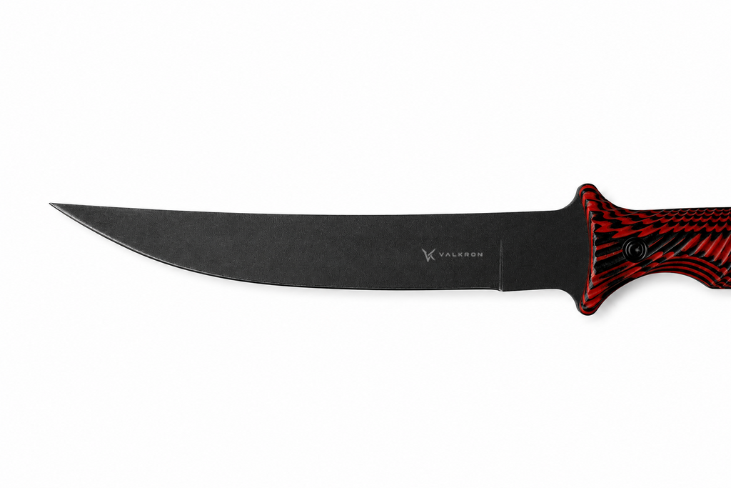 Crimson Ridge fixed blade knife side view with red and black handle