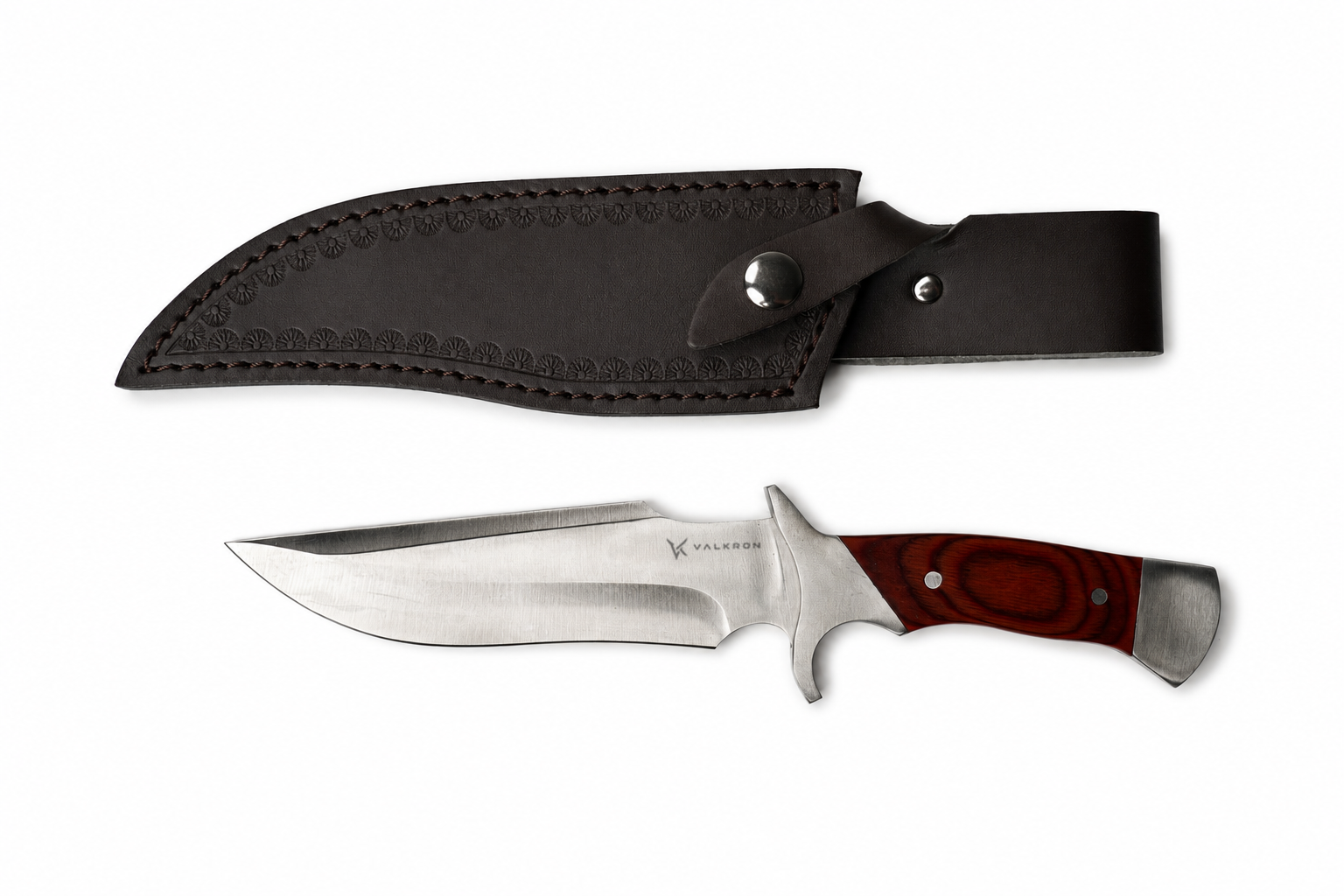 Emberwood Bowie fixed blade knife shown with brown sheath by VALKRON