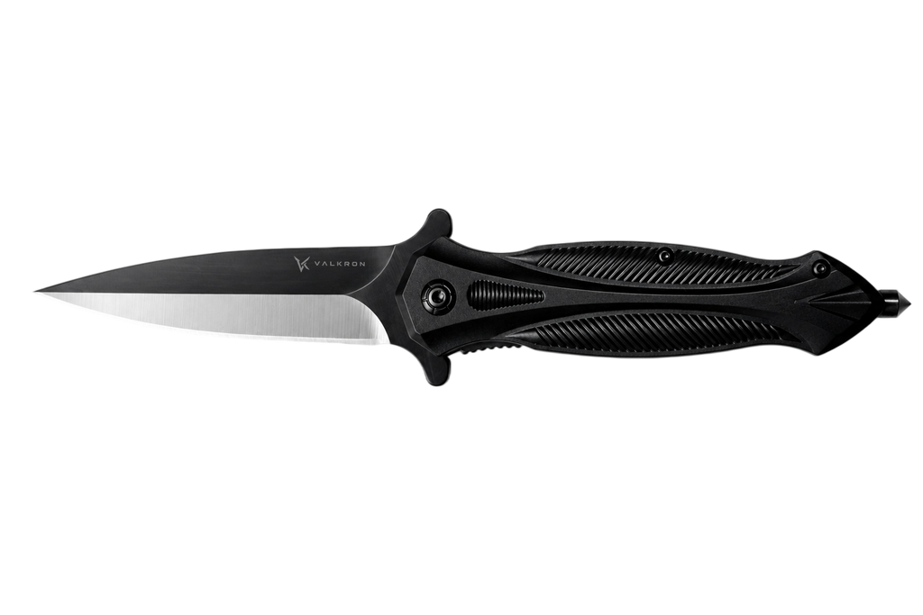 Blackout black folding knife open view by VALKRON