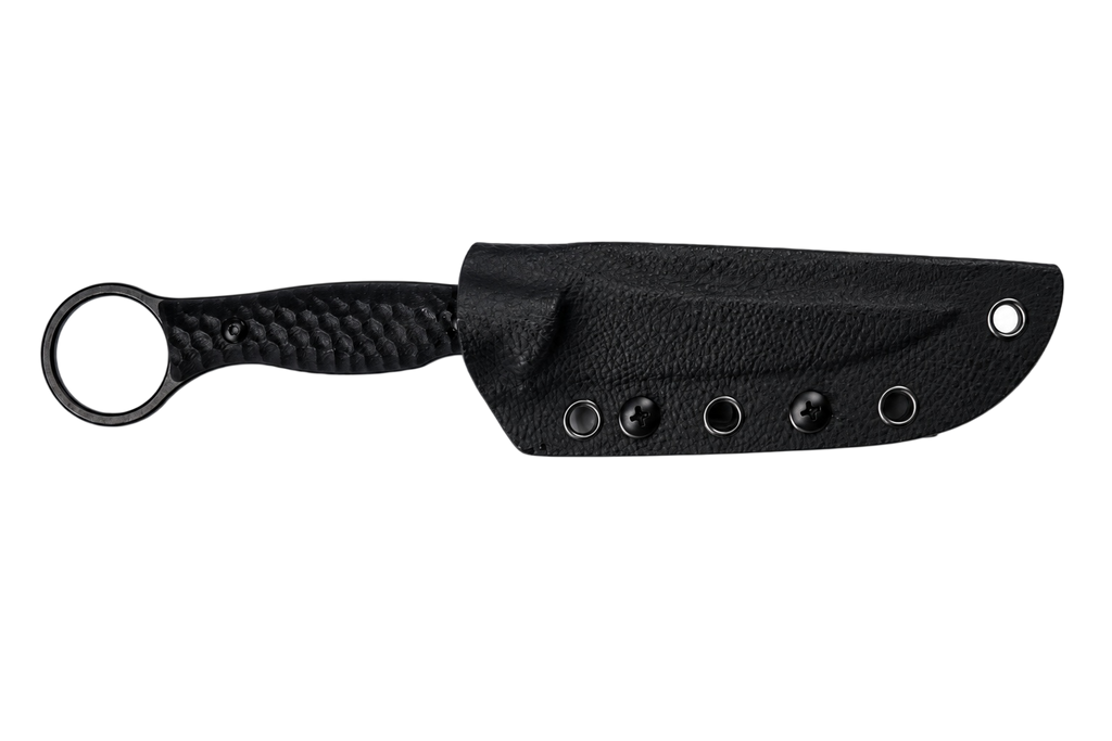 Black Finch EDC fixed blade knife displayed with black sheath