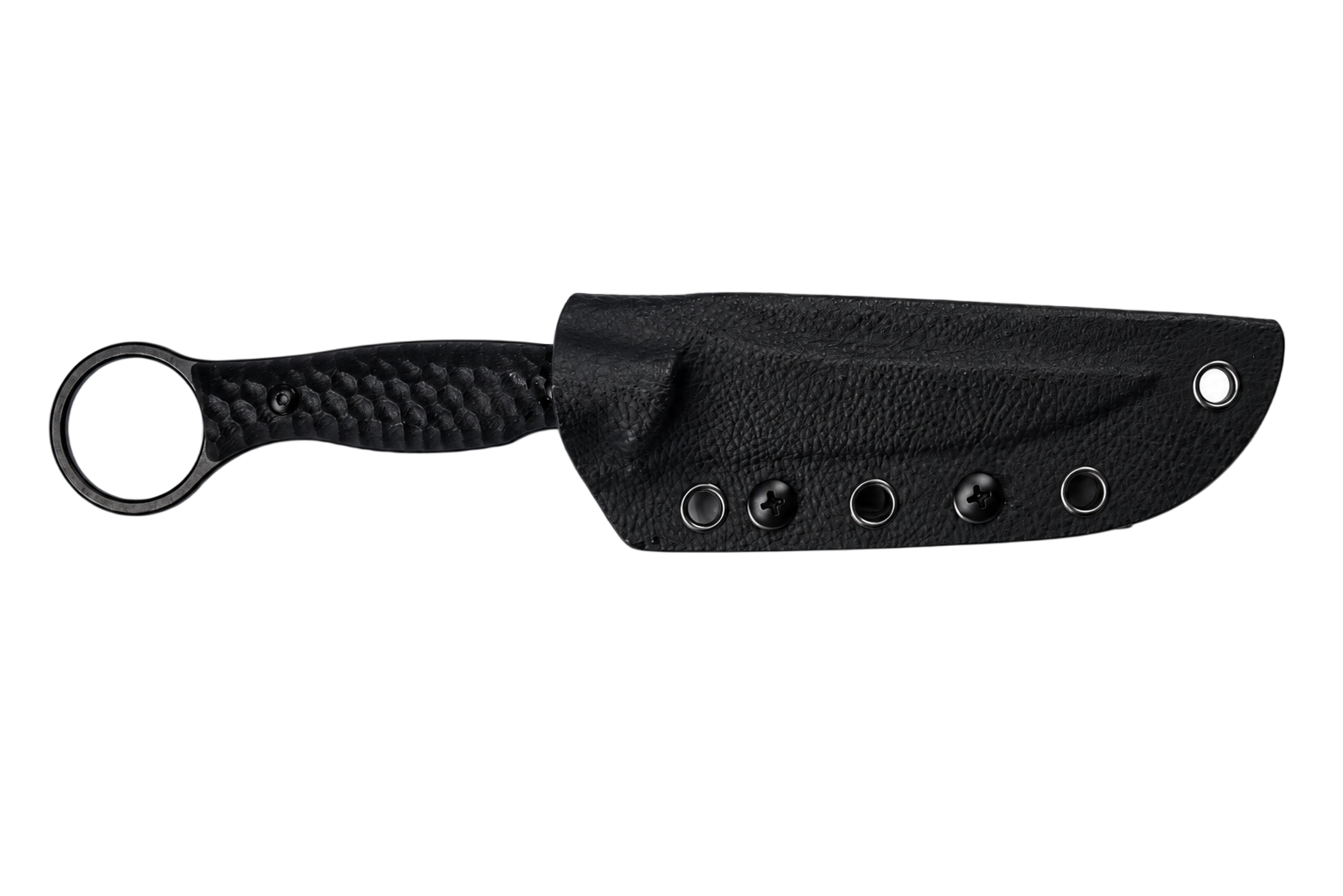Black Finch EDC fixed blade knife displayed with black sheath