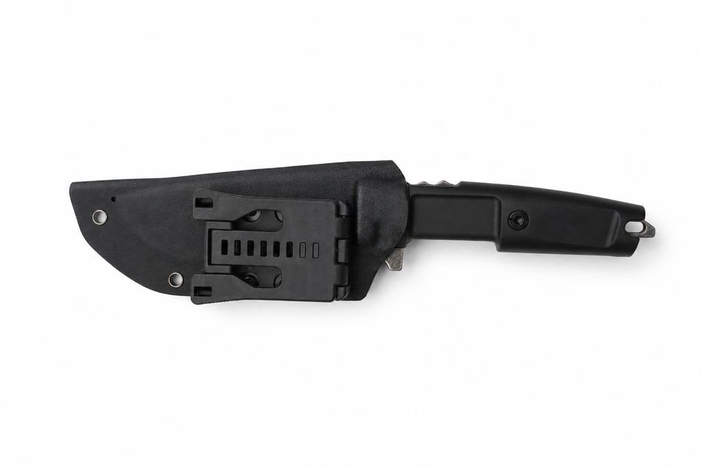 Blackcrest compact fixed blade knife shown in black sheath