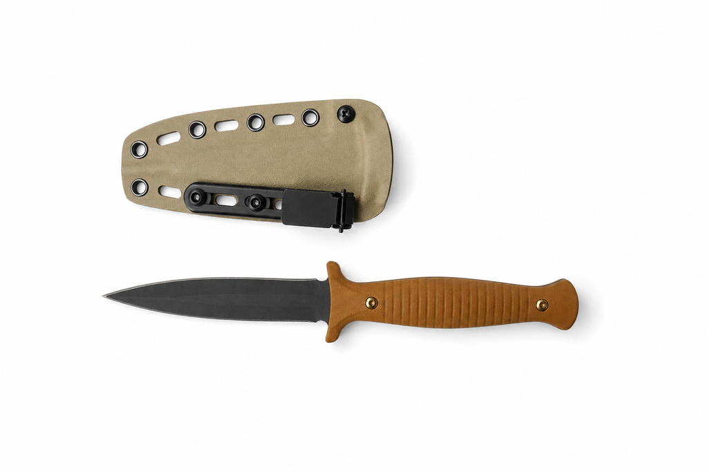 Sandfang fixed blade knife shown with tan sheath