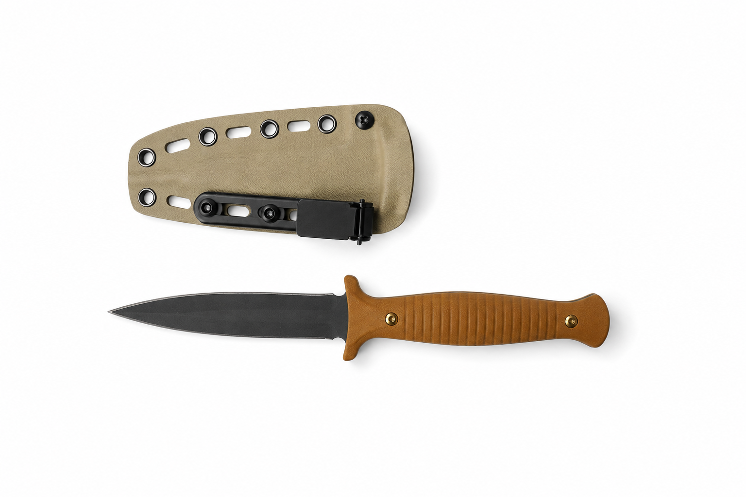 Sandfang fixed blade knife shown with tan sheath