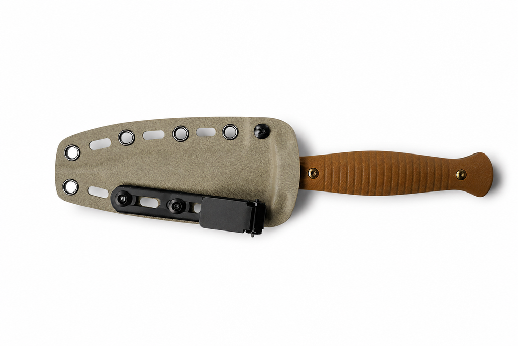 Sandfang fixed blade knife partially inserted in tan sheath