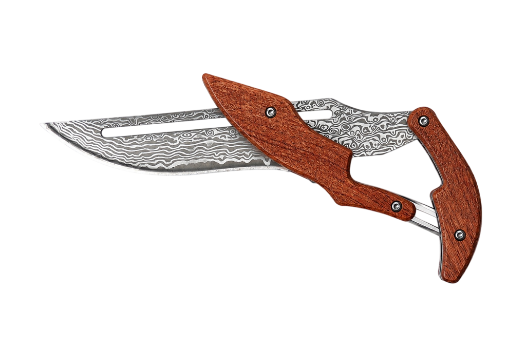 Woodland Damascus-style folding pocket knife blade detail